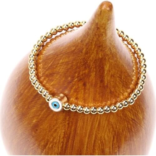 EYIKA Boho Style Turkish Blue Evil Eye Enamel Bracelet Gold Color Copper Beaded Elastic Chain for Women Trend Geometric Jewelry