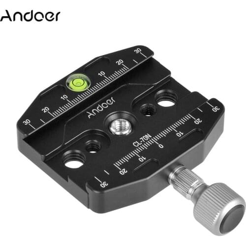 Andoer CL-70N 70mm Aluminum Alloy Quick Release QR Plate Clamp 3/8-inch with 1/4-inch Adapter & Bubble Level for Arca Swiss