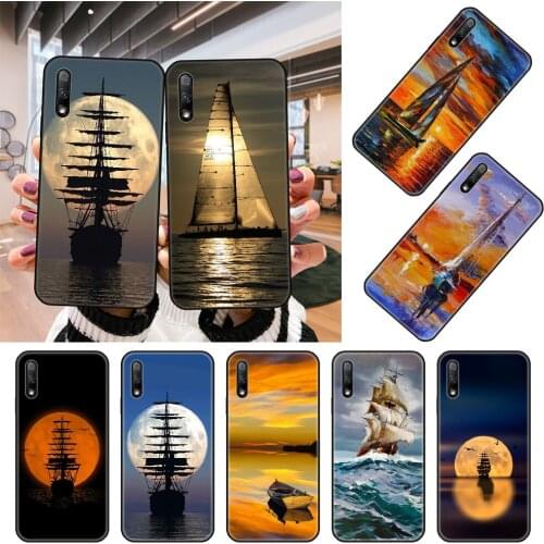 Phone Case For Huawei Honor 9X 9 9A 10 20 8X 8A 8S 7X 7A i 6A Pro Play Lite Black Cover Etui Luxury Back Tpu Sailboat Painting