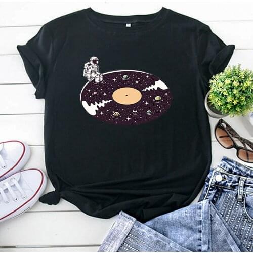 Astronaut Sitting Edge Cute Universe Printing Woman T-Shirts Kawaii Fashion Tshirt For Women Roud Neck Cotton Short Sleeve Tops