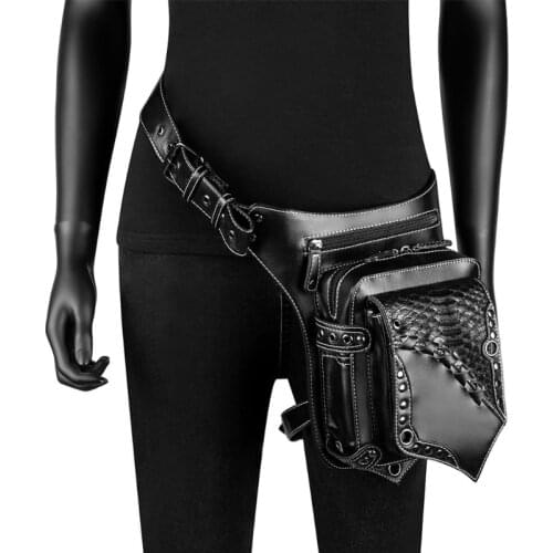 Women Girls Gothic Waist Bag PU Leather Steampunk Side Bag Travel Purse Black Crossbody Messenger PU Leather Bag Purse