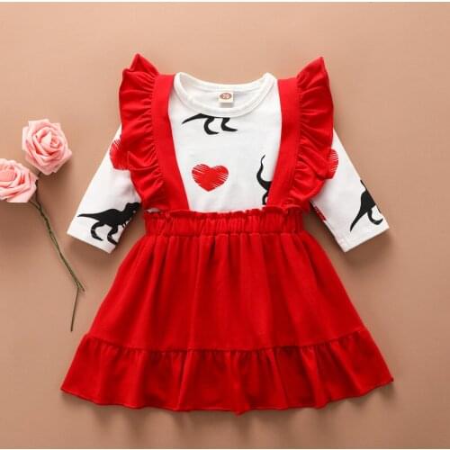 Toddler Baby Girl Dress Set Newborn Baby Girl Long Sleeve Valentine Heart Tops Suspender Red Skirt Set Headband Outfits Clothing