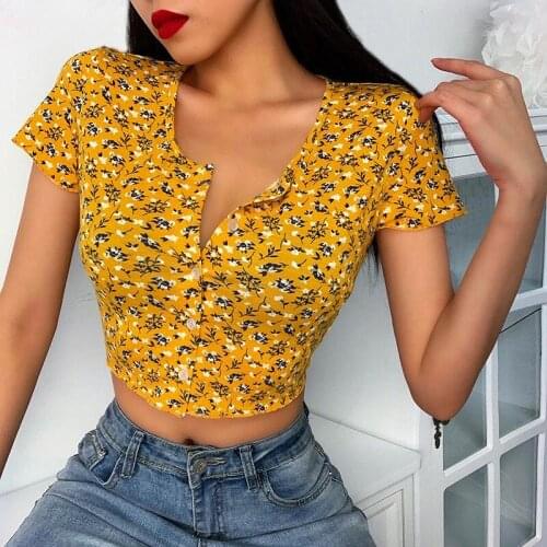 2020 Summer New Sexy Short Floral T Shirt Top Hot Single-Breasted Cardigan Cotton Street Style