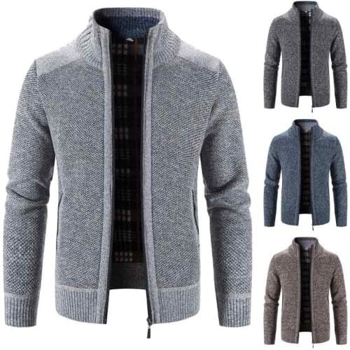 Mens autumn and winter cardigan fashion splice stand collar sweater catch fleece thick warm sweater coat new mens clothing