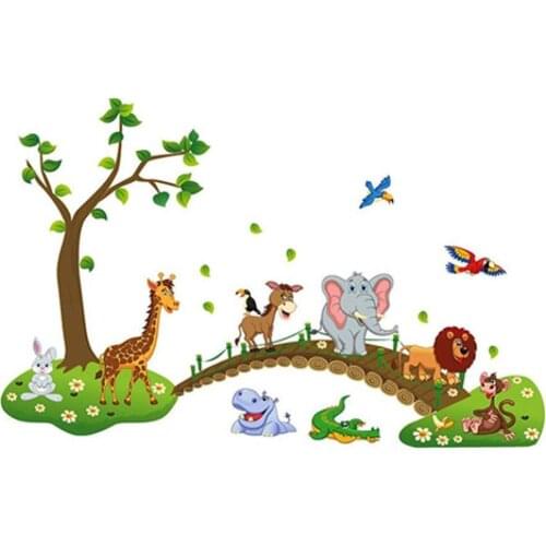 Forest Animal Wall Stickers Cartoon Elephant Giraffe Lion Rabbit Wallpaper Colorful Green Tree Decals Kid Bedroom Home Decor New