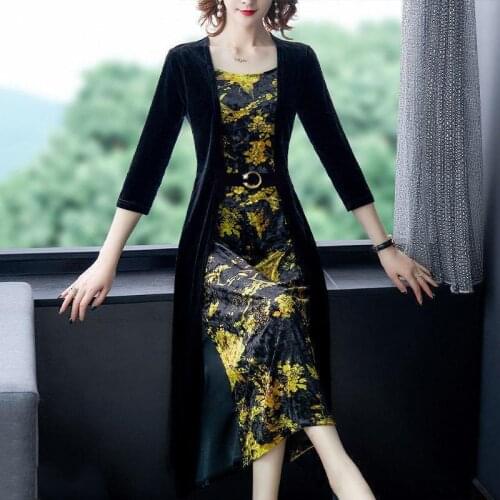 2021 New Plus Size Women Fake Two Pieces Gold Velvet L-5XL Fashion Elegant Flower Middle Age Mother Dresses Casual Dress Y450