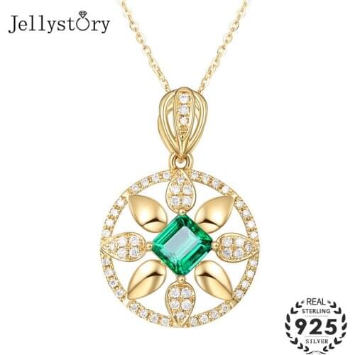 Jellystory Silver 925 Jewelry Necklace with Emerald Zircon Gemstones Round Shape Pendant for Women Wedding Party Gift Gold Color