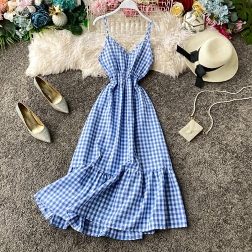Super fairy beach skirt seaside Sanya holiday skirt ruffled sleeveless large swing dress V-neck suspender plaid dress