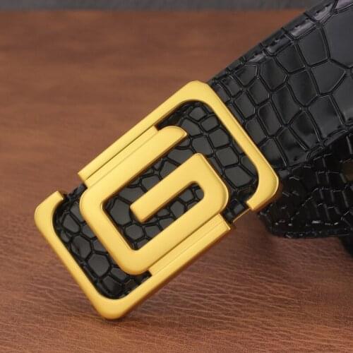 High Quality G letter slide buckle Black leather belt men luxury brand fashion 3.8cm Girdle Wide young Casual ceinture homme