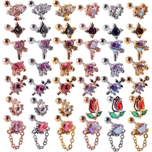 1PC 20G Stainless Steel Tulip Ear Lobe Helix Stud Piercing Barbell Cz Tragus Cartilage Earrings With Zircon Heart Body Jewelry