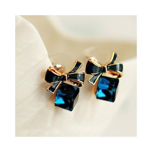 Chic High Quality Fashion Shimmer bow knot Cubic Green Blue Crystal Earrings Rhinestone Stud Earrings For Women Jewerly