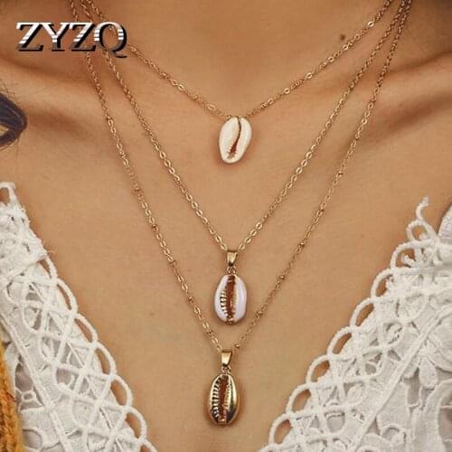 ZYZQ Triple Layered Necklace For Women Summer Accessories Sea Shell Conch Shaped Pendant Wholesale Lots&Bulk Jewelry Necklace