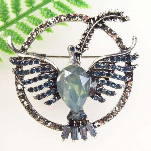 YW19 Blue Rhinestone Carved Tibetan Silver Phoenix Pendant Brooch for Girls Women Gift Lovely Jewelry 42x38x10mm