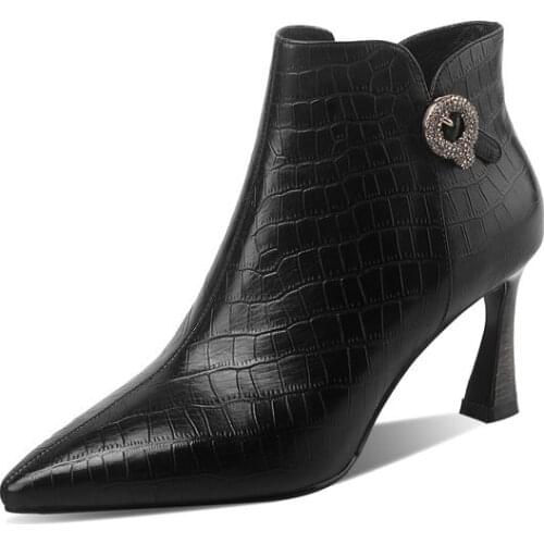 Retro Genuine Leather Women Ankle Boots Leather Pointed Toe High Heels Women Pumps Winter Party Basic Shoes Woman