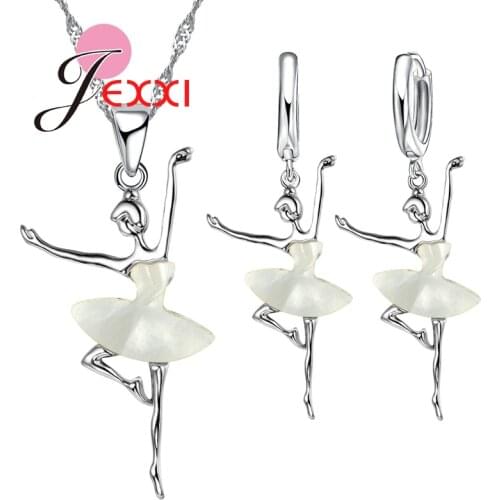 Elegant Woman Ballet Dance Pendant Fashion Khaki Dress Doll Necklace Earrings High Quality 925 Sterling Silver Jewelry Set