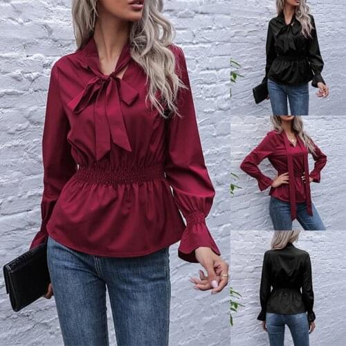 Womens Solid Color V-Neck Pullover Slim-Fit Elastic Flared Long-Sleeved Shirt