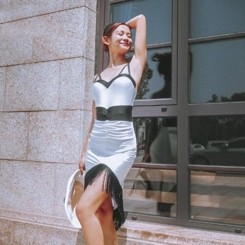 New Sleeveless White and Black Patchwork Tassel Latin Dance Dress Dancing Performance Women Dress Ballroom Samba Tango W358