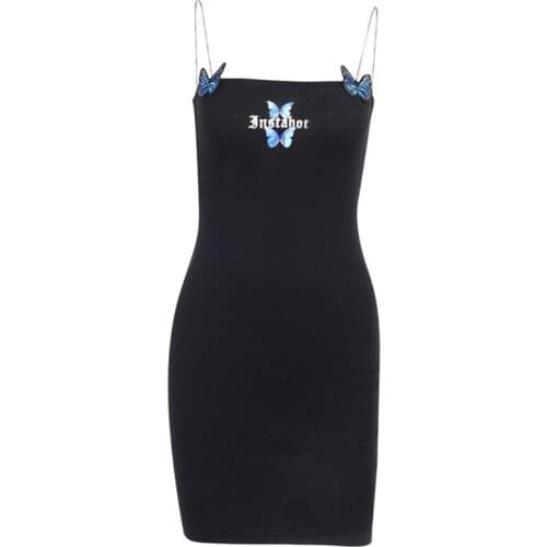 40GC Women Gothic Butterfly Embroidery Bodycon Mini Sling Dress Metal Chain Clubwear