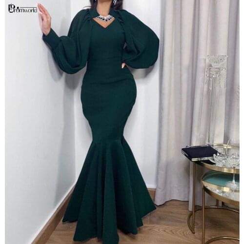 Mermaid Evening Dresses Dark Green Satin Puffy Sleeves V-Neck Formal Prom Gowns Long Robe De Soirée 2021