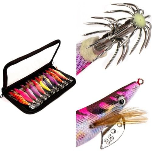 10PCS Fishing Lure Bag Squid Hook Jigs Octopus Cuttlefish Shrimp Baits 3D Eyes Lures