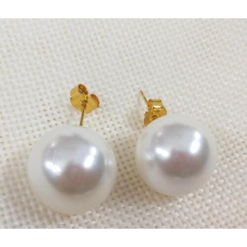 14mm white shell pearl Women Jewelry gold Stud Earrings round beads Natural South Sea Shell Pearl