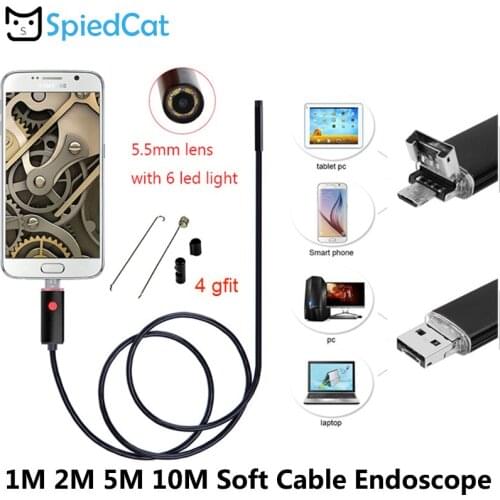 2in1 MicroUSB Waterproof 5.5mm Lens 1/2/5/10M Soft Cable Borescope Snake Inspection Video Endoscope Camera Android PC Window