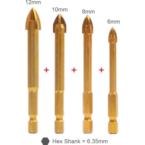 4pcs 1/4"Hex Shank Cross Spear Head Titanium Plating Ceramic Tile Marble Glass Drill Bits Set