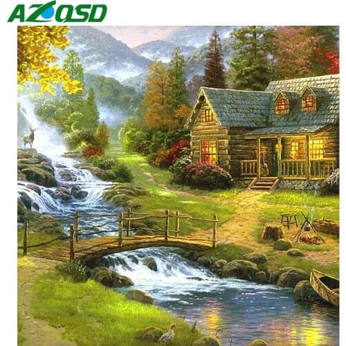 AZQSD 5D New Arrival Diamond Painting House Full Square Drill Diamond Embroidery Landscape Waterfall Rhinestones Mosaic Kits