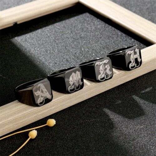 Free Shipping Classic A-Z Initial Ring for Men Black Color Solid Stainless Steel Signet Ring Chunky Punk Finger Jewelry Gift