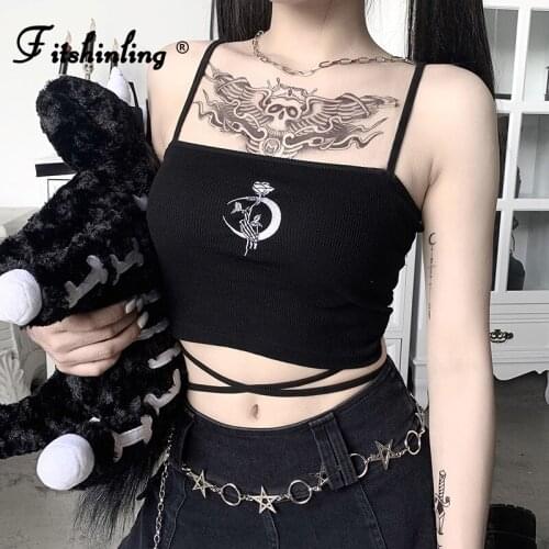 Fitshinling Harajuku Gothic Dark Crop Top Print Slim Sexy Black Camis Women Strappy Tube Tops Grunge Punk Goth Camisole Female