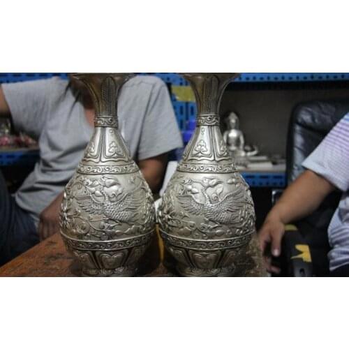 China Palace White Copper Silver Lucky Phoenix Birds flower Bottle Pot Vase Pair
