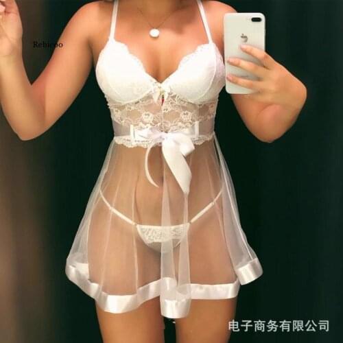 Womens Solid Color Sexy Mesh Strap Sets Summer Casual Strap V-neck Bow Perspective Splicing Dress + Underwear Sets
