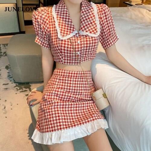 Korean Ulzzang Chic Sweet Summer 2 Piece Set Women Harajuku Plaid Crop Top Short Shirt Mini Skirt Set Slim Ins Two Piece Suits