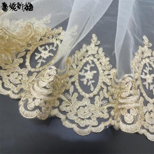 Delicate 3Yd Wedding Dress Cording Lace Applique Light Gold Thread Embroidery Lace Accessories Trim with Net 16CM LJ0017