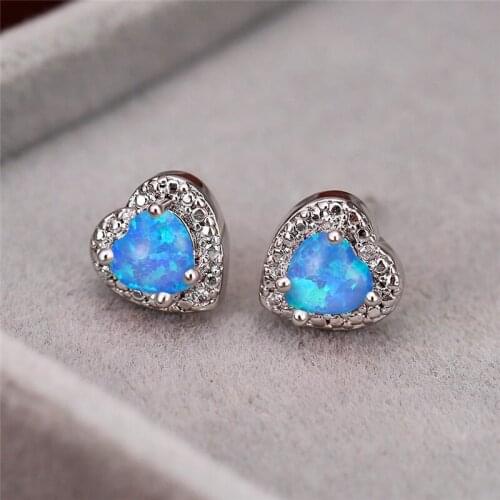 Cute Female White Blue Opal Stone Earrings Charm Silver Color Stud Earrings For Women Vintage Small Heart Wedding Earrings
