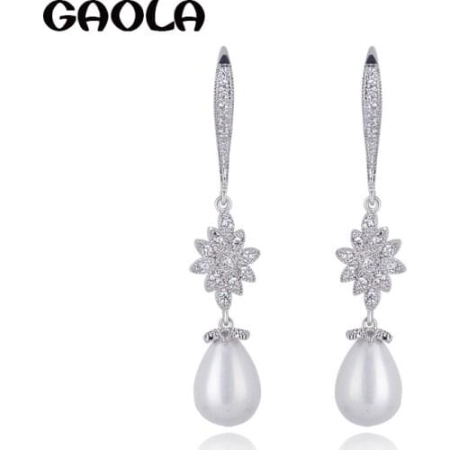 Fashion Accessories Vintage Jewelry Micro Inlay AAA Cubic Zirconia Wedding Dangle Pearl Earrings GLE4471