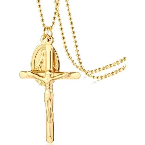 Fashion Virgin Mary Cross Necklaces Round Pendant for Men Woman Stainless Steel Gold Beaded Chain Necklaces Religious Jewelry