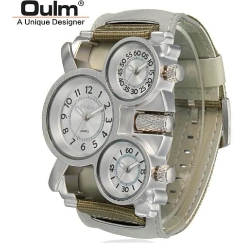 Oulm Mens Watches Top Brand Luxury Famous Tag Mens Military Wrist Watch 3 Time Zone Male Clock Canvas Band Quartz Watch Man