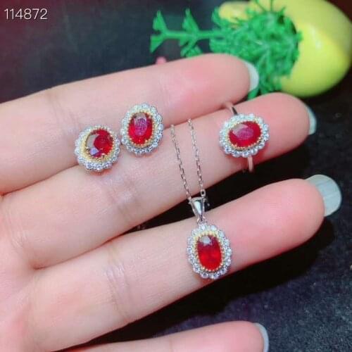 925 silver Jewelry set Natural Ruby Pendant Earring Ring sets Women Jewelry