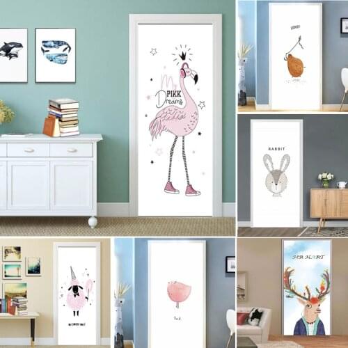 95*215cm Flamingo Listening to Music Door Sticker PVC Self Adhesive Waterproof Wallpaper Home Design Room Decoration deurposter