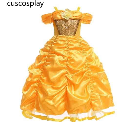 New Belle Costume Movie Beauty and The Beast Cosplay Dresses for Kids Girl Boat Neck Bare Shoulders Summer Dress Free Shipping