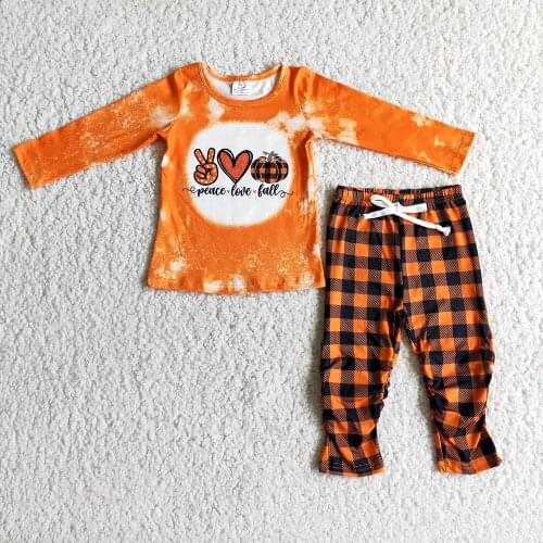 New Arrival Kids Love Peace and Fall Letters Design Top Match Plaid Pants Halloween Pumpkin Toddler Girl Orange Outfit