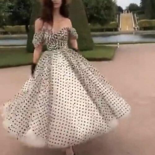 Print prom dresses dotted sweetheart neckline ankle length a line evening dresses arabic vestidos de fiesta