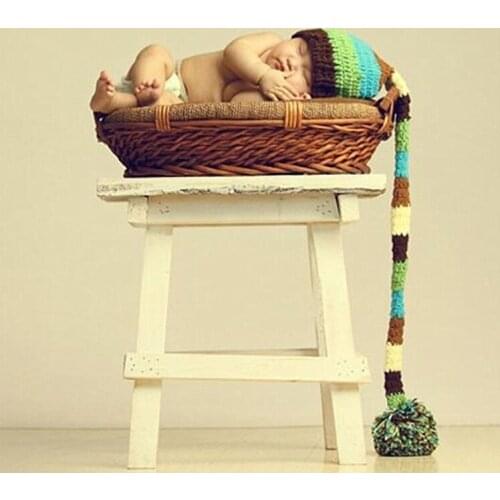 Newborn photography props baby pompom hat with long tail colorful knit cap baby fotografie prop infant picture shoot accessories