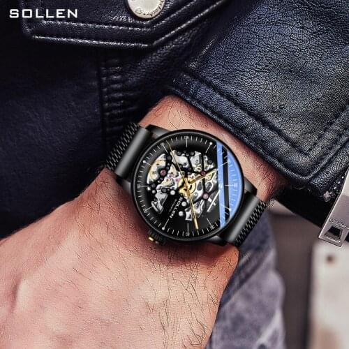 SOLLEN Fashion Thin Case Design Waterproof Men Mesh Strap Watches Top Brand Luxury Automatic Mechanical Skeleton Watches SL-202