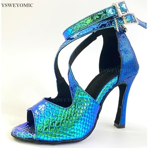 YSWEYOMIC Latin Salsa Dance Shoes 10cm Cuban Heel Blue Laser PU and Glitter Blue Latin Women Salsa Shoes Party Dance Shoes