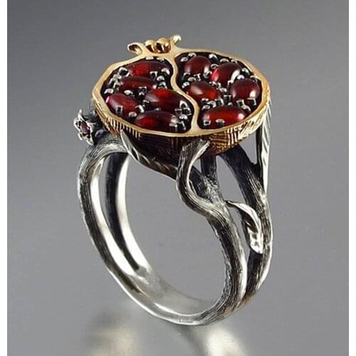 Vintage Fruit Red Pomegranate Stone Ring Garnet Tree Vine Fashion Boho Jewelry Personality Finger Silver Color Gifts O5S600