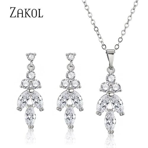 ZAKOL 2021 New 2 Color Cubic Zirconia Leaf Dangle Earrings Necklace Set for Women Elegant Bridal Wedding Party Jewelry Dress