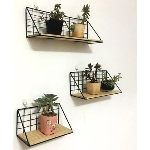 Iron Storage Holder Home Wall Hanging Shelf Flower Pot Book Wooden Rack Decor