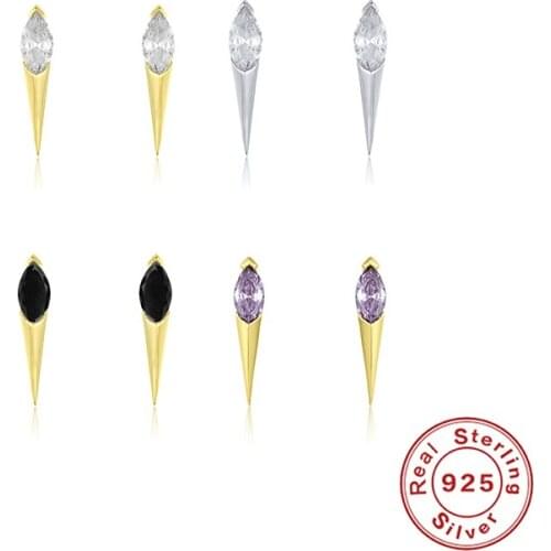 GS 925 Sterling Silver Gold Single Zircon Stud Earrings Punk Rock Personality Spike Rivet Sharp Cone Taper Mem Women Earrings